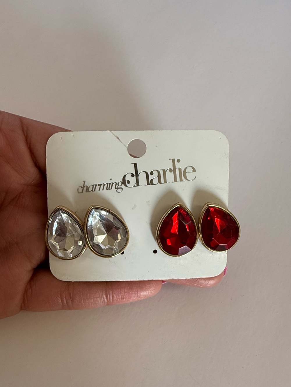 Charming Charlie Teardrop Studs in Red and Clear